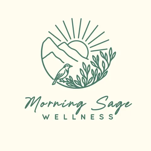 Logo para Morning Sage Wellness con amanecer, montañas, salvia y pequeño pájaro.
